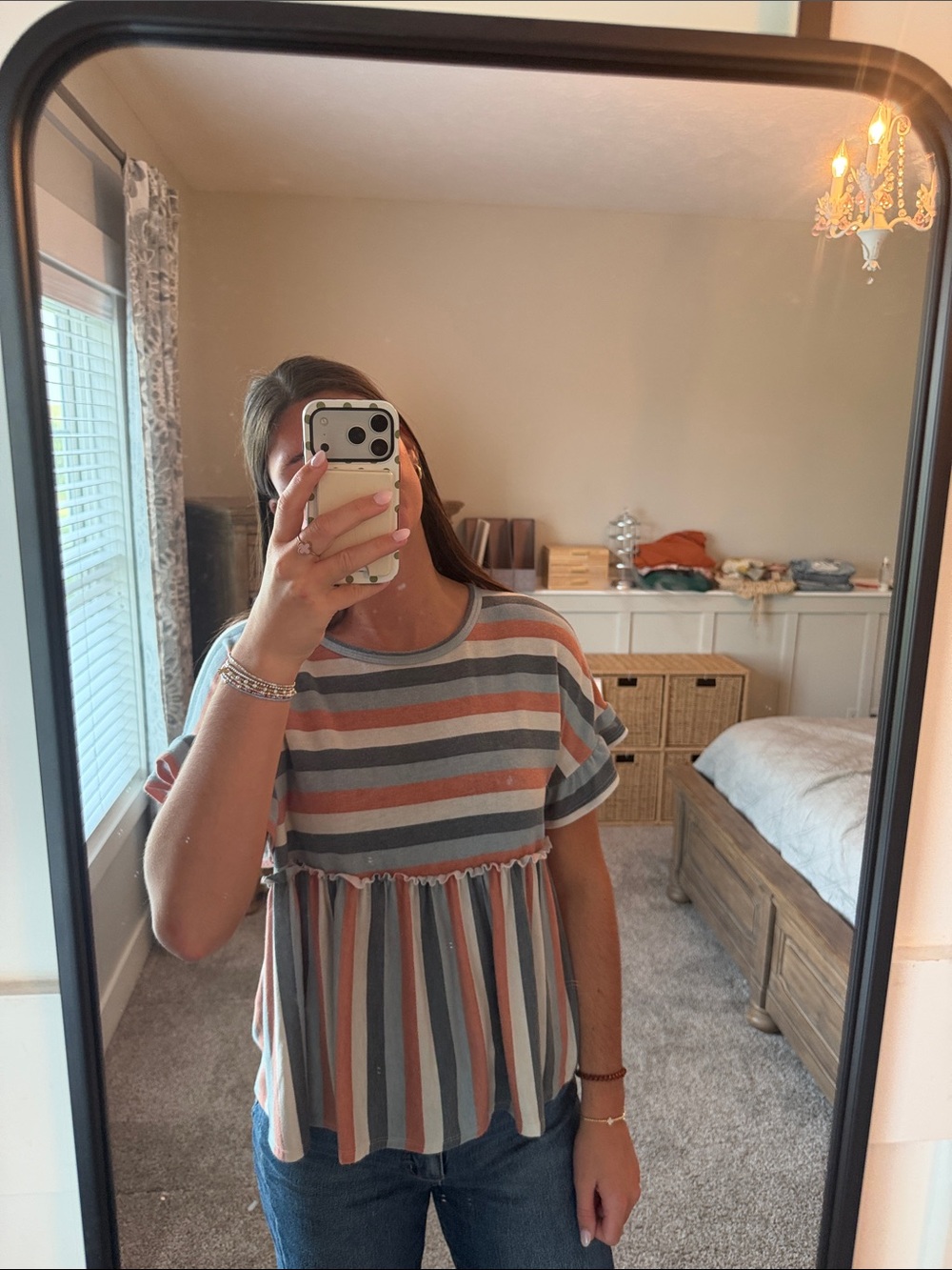 Striped Short Sleeve Peplum Tee in Blue, Rust & Cream